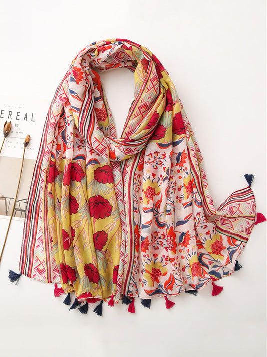 Artsy Floral Spliced Tassel Fashion Travel Shawl Scarf