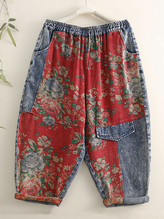 Plus Size Women Summer Vintage Floral Patch Spliced Harem Pants