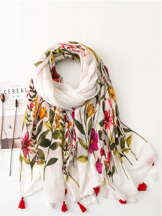 Seaside Women Floral Print Tassel Scarf