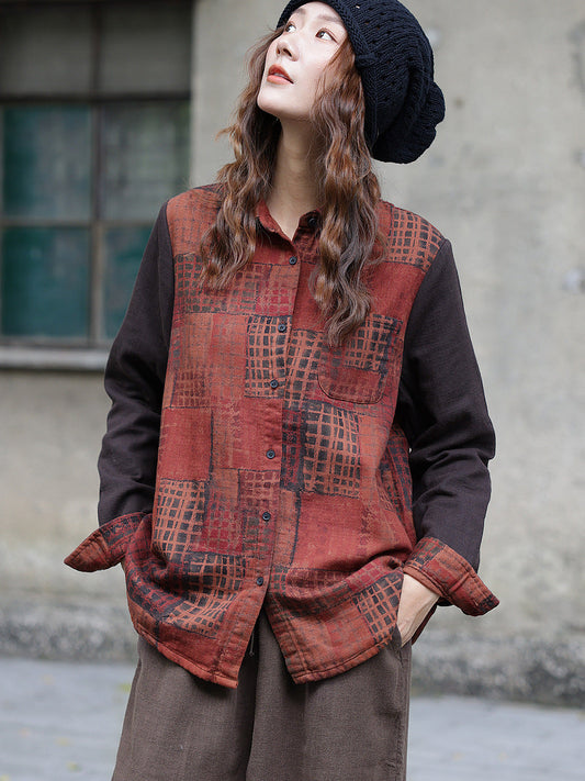 Women Vintage Autumn Colorblock Spliced Shirt