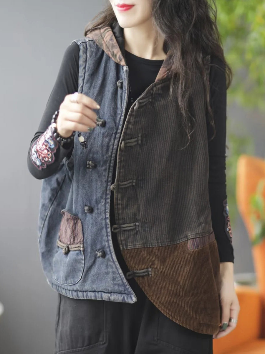 Women Autumn Retro Spliced Corduroy Hooded Vest Coat