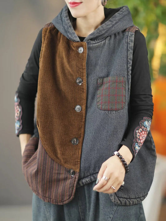 Women Retro Winter Patchwork Hooded Vest Coat