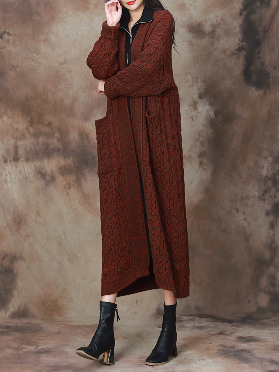 Women Winter Solid Vintage Knitted Maxi Coat