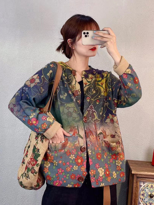 Women Winter Artsy Flower Print Knitted Cardigan Sweater