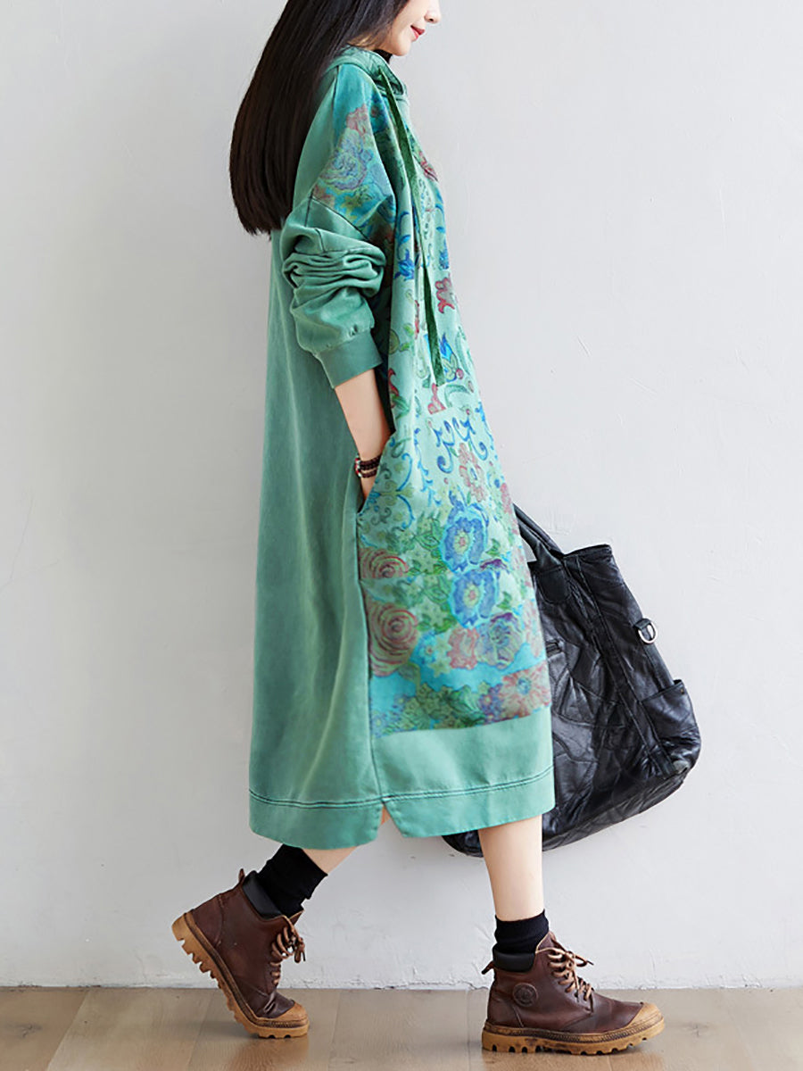 Women Artsy Flower Spring Hooded Cotton Dress