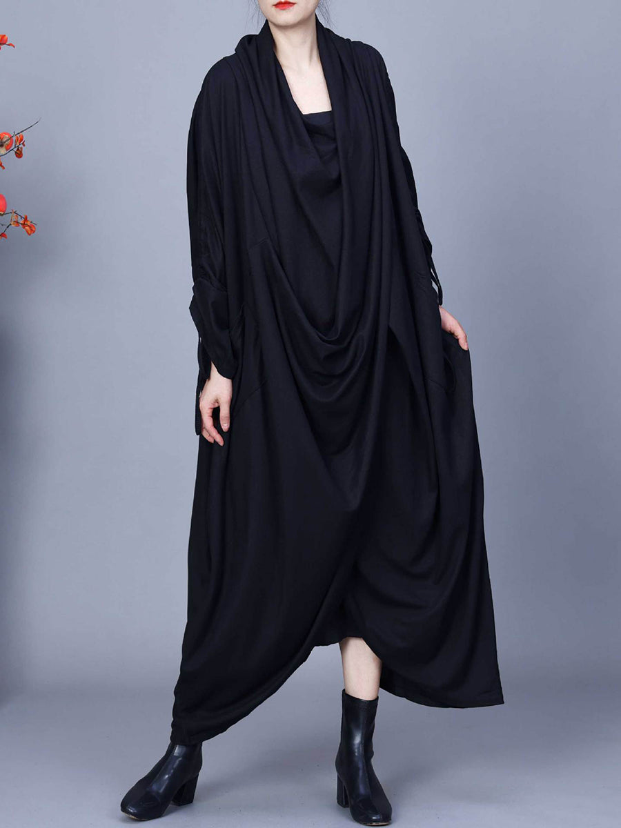 Women Vintagte Spring Drawstring Irregular Solid Dress