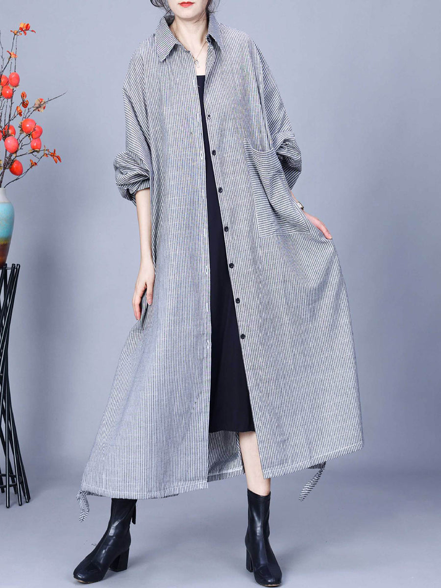 Women Casual Stripe Cotton Linen Loose Long Coat