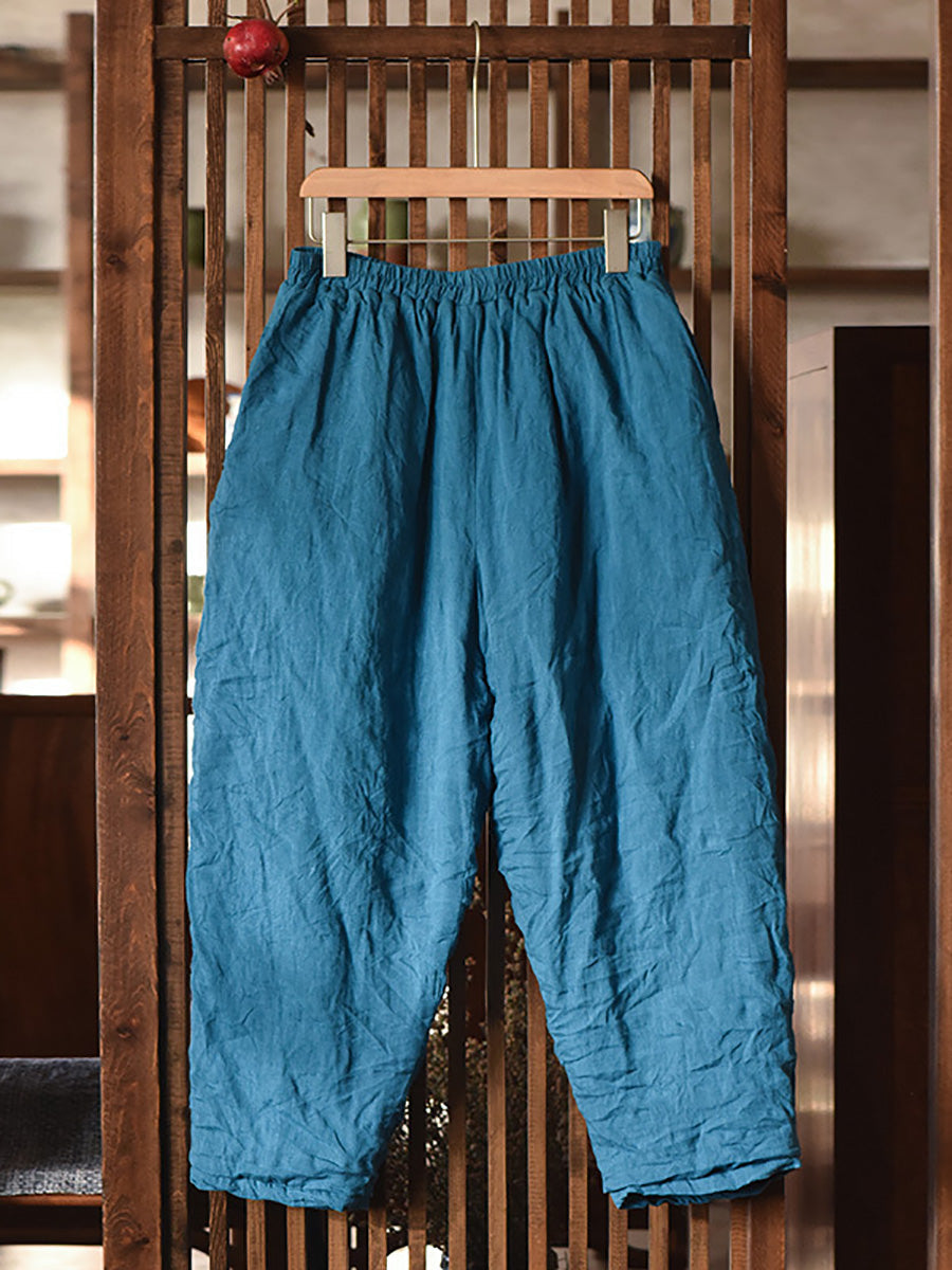 Women Vintage Solid Linen Padded Harem Pants