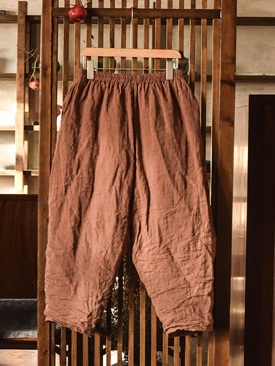 Women Vintage Solid Linen Padded Harem Pants