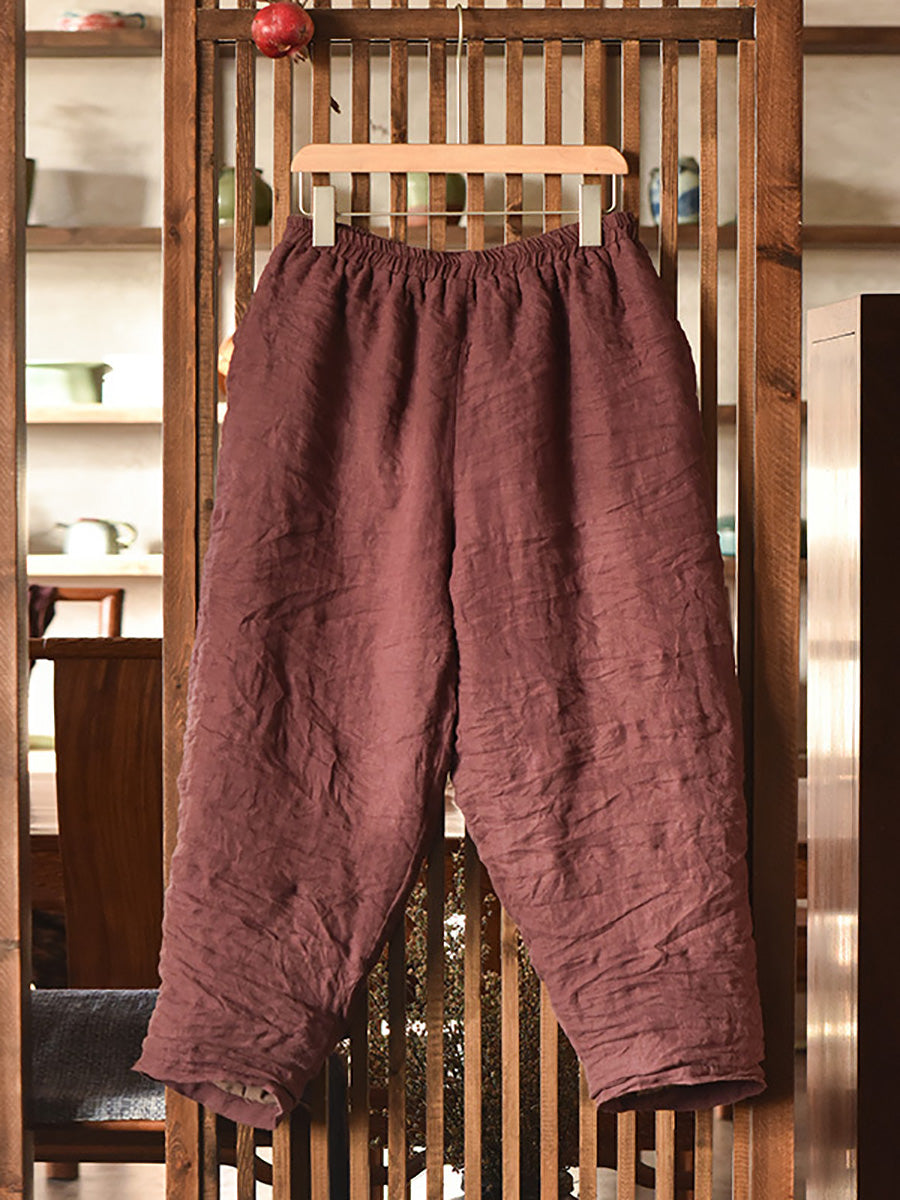 Women Vintage Solid Linen Padded Harem Pants