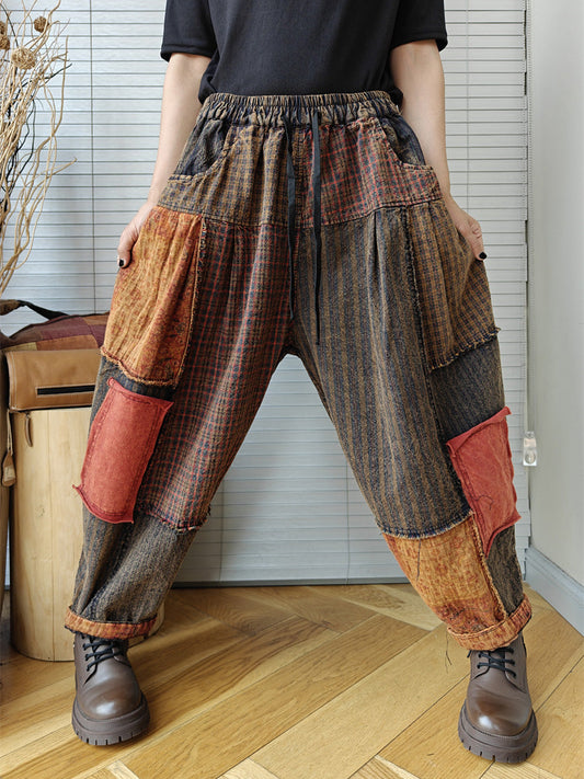 Women Vintage Patch Spliced Spring Worn Harem Pants