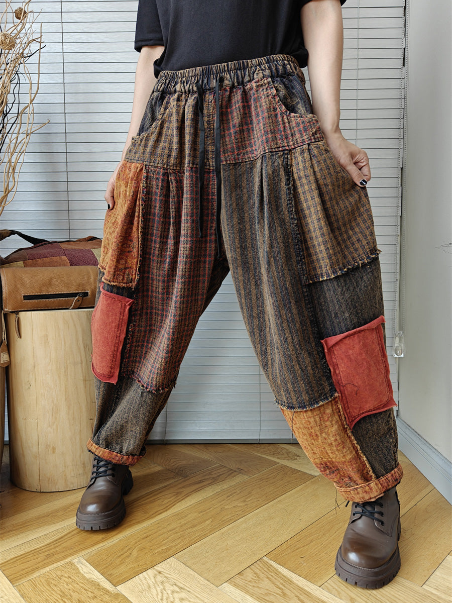 Women Vintage Patch Spliced Spring Worn Harem Pants