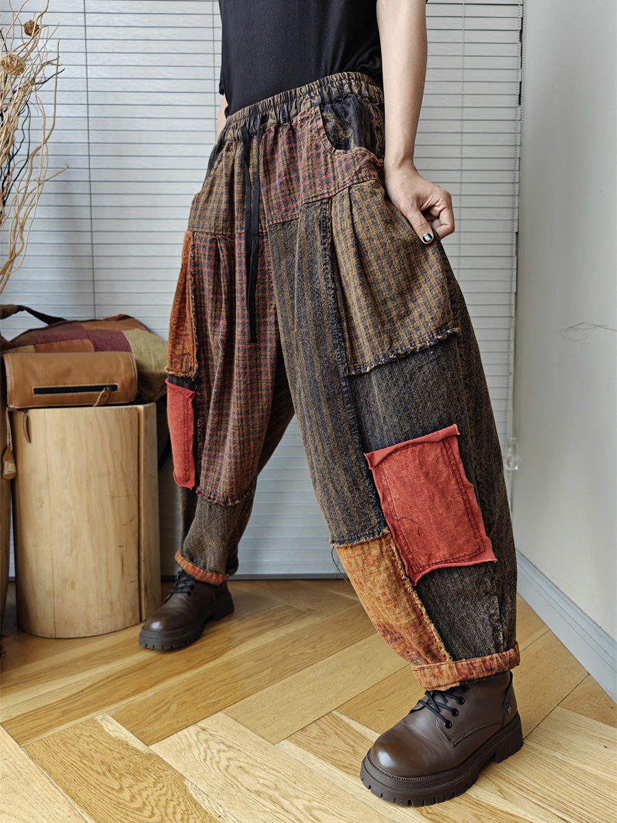 Women Vintage Patch Spliced Spring Worn Harem Pants