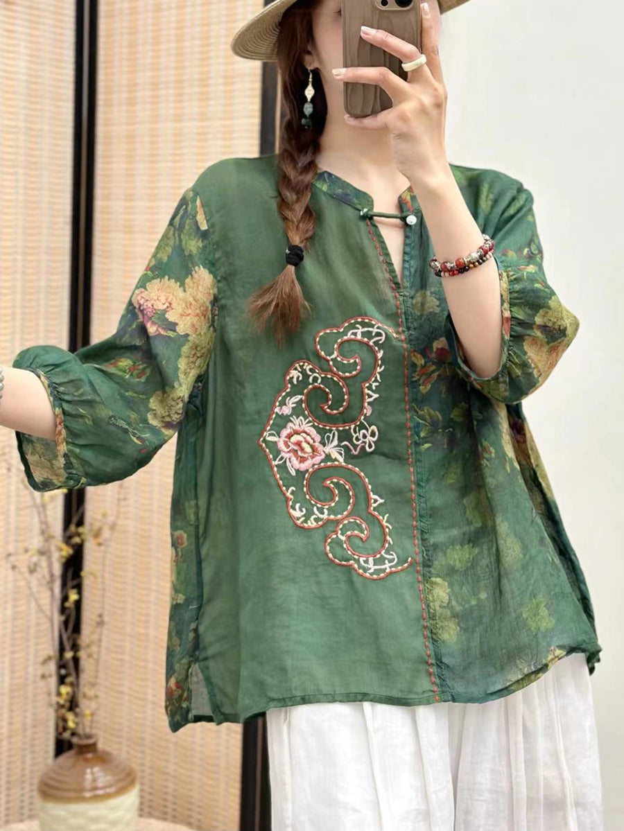 Women Vintage Flower Embroidery Spliced Ramie Blouse