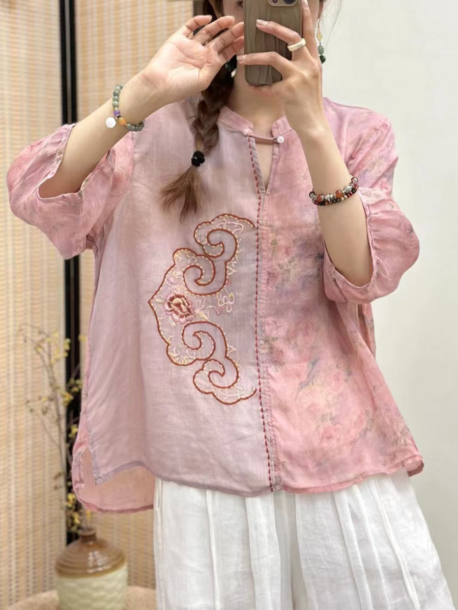 Women Vintage Flower Embroidery Spliced Ramie Blouse