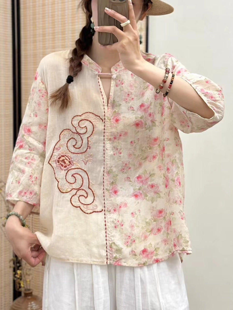 Women Vintage Flower Embroidery Spliced Ramie Blouse