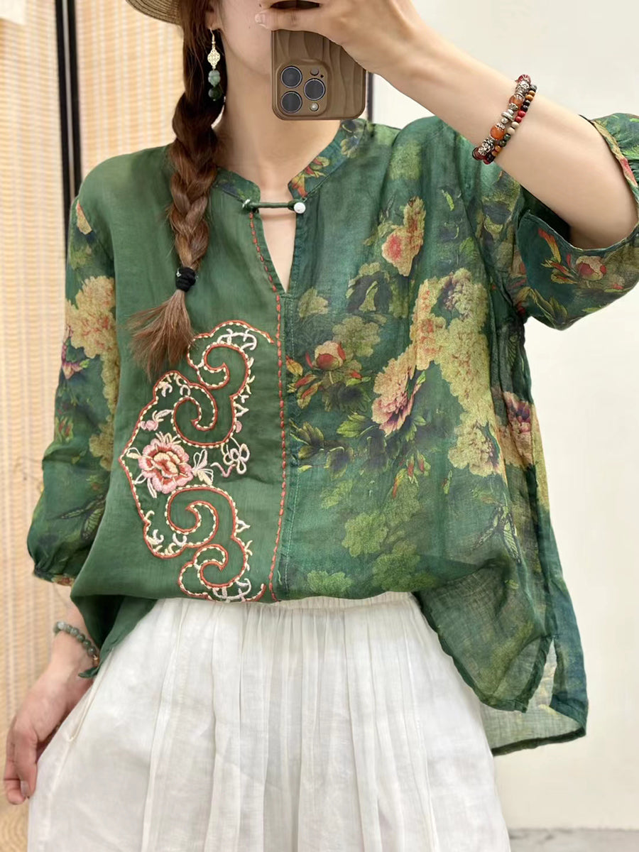 Women Vintage Flower Embroidery Spliced Ramie Blouse