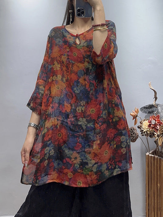 Plus Size Women Vintage Flower Summer Loose Ramie Shirt