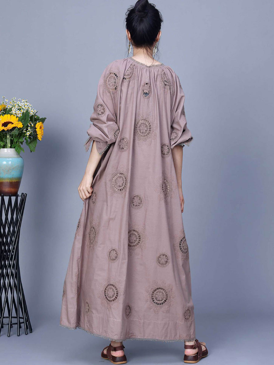 Women Artsy Spring Solid Embroidery Cotton Maxi Dress