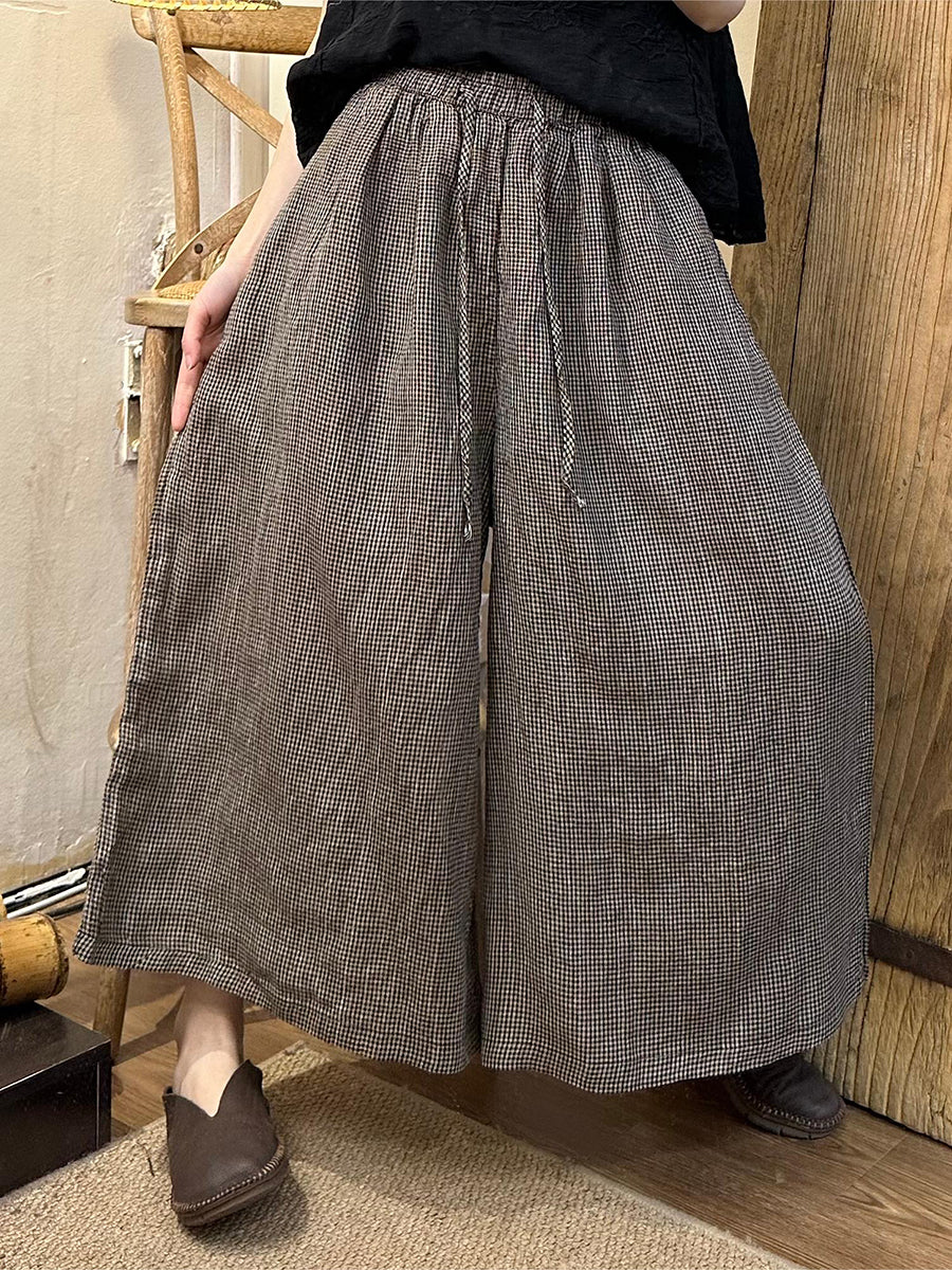 Plus Size Women Spring Plaid Wide-leg Cotton Linen Pants