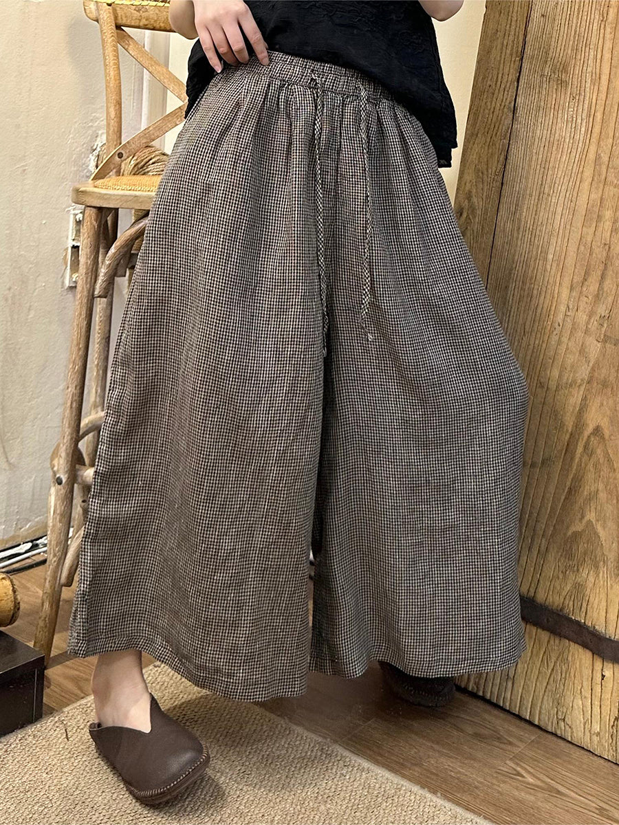 Plus Size Women Spring Plaid Wide-leg Cotton Linen Pants