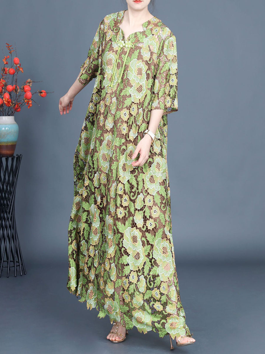 Women Artsy Summer Flower Lace Dual-layer Maxi Dress