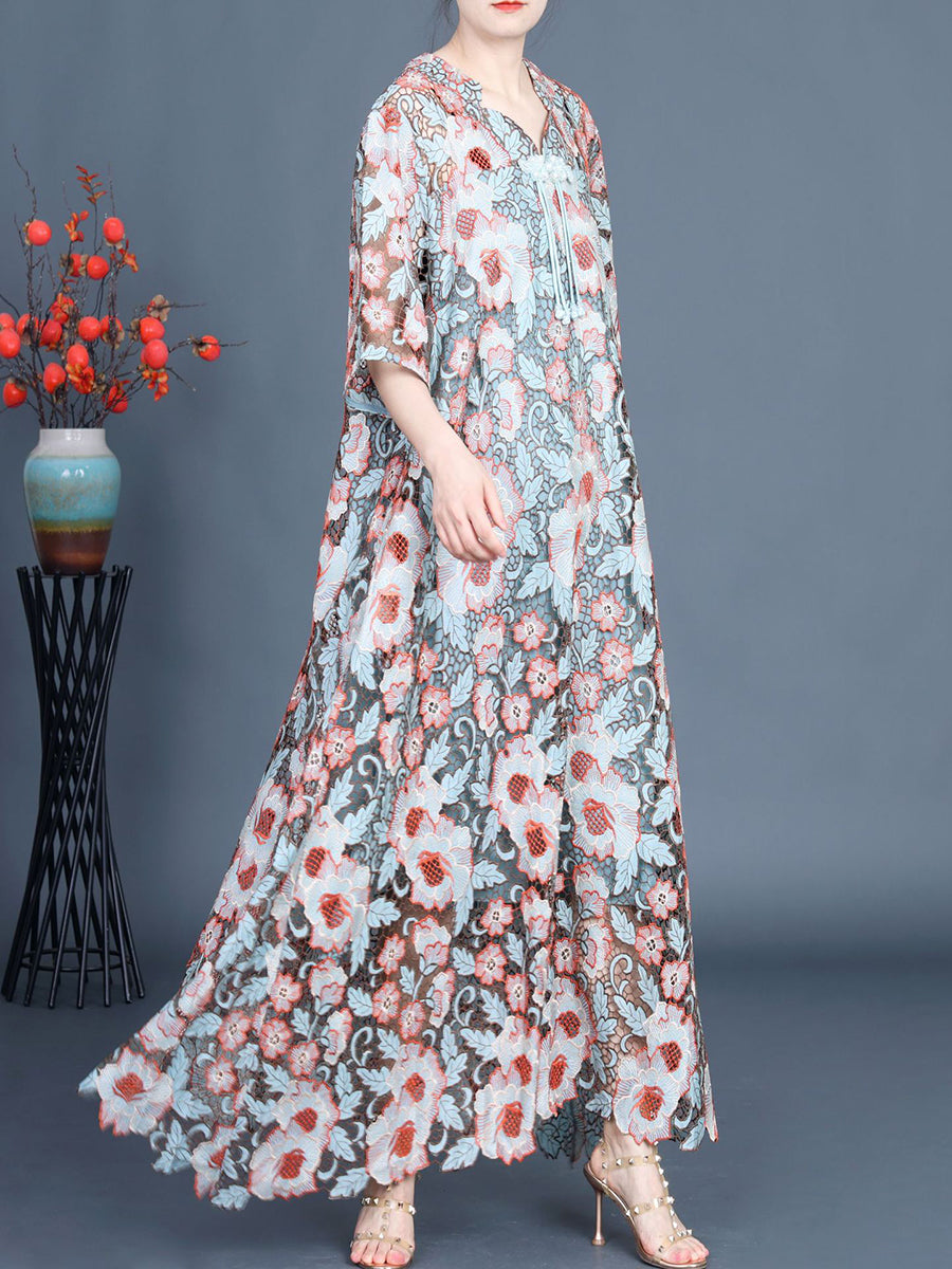 Women Artsy Summer Flower Lace Dual-layer Maxi Dress