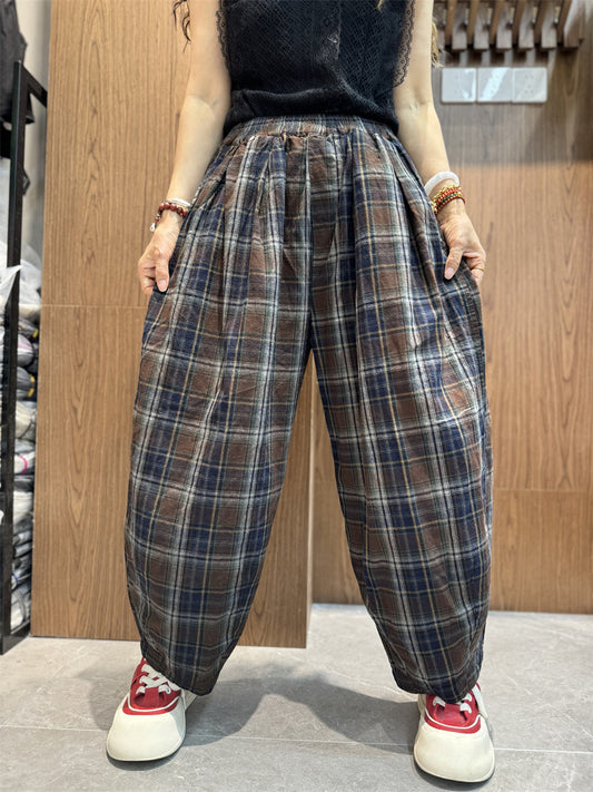 Women Vintage Summer Plaid Cotton Linen Harem Pants