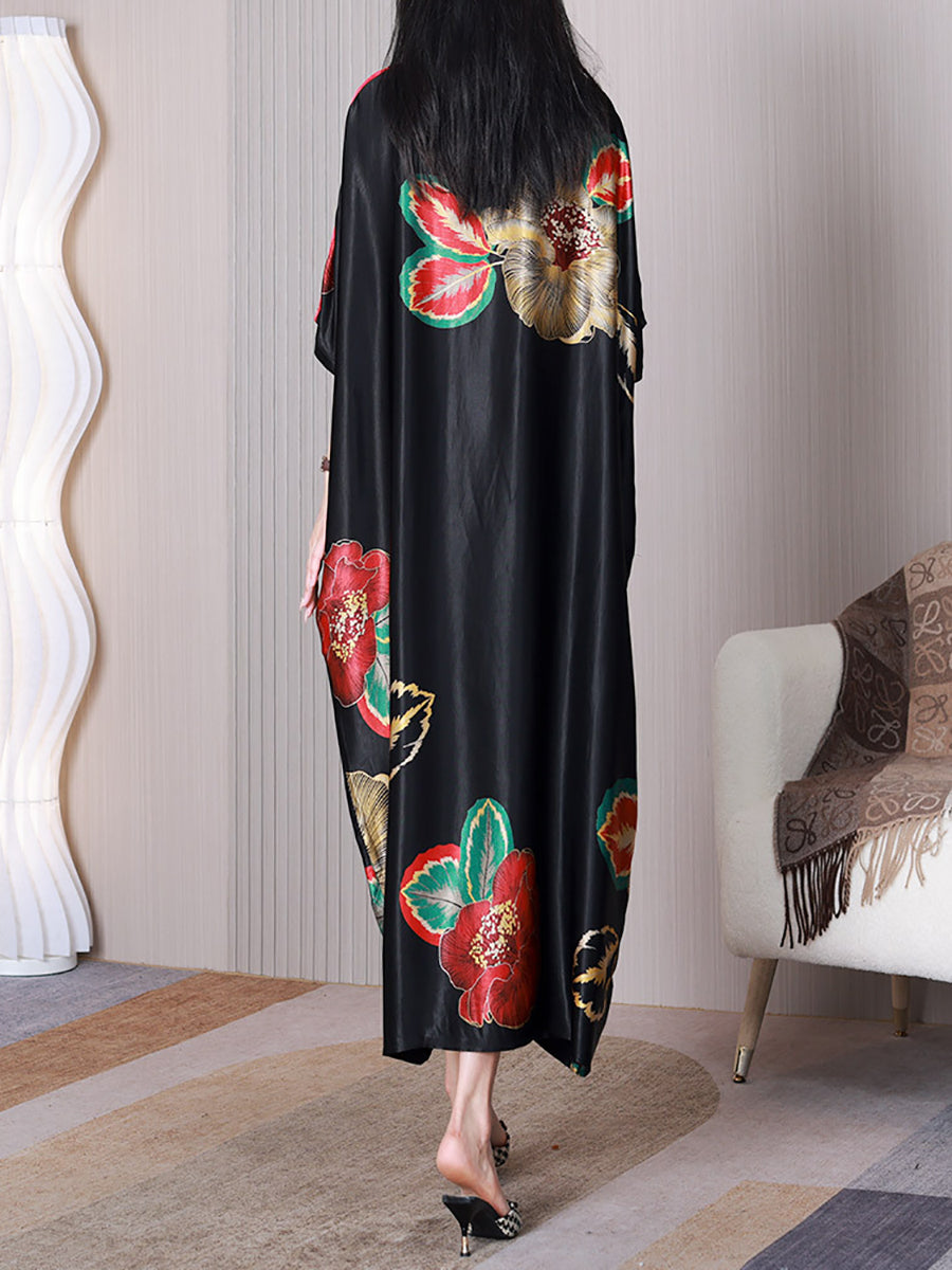 Women Summer Elegant Flower Silk Loose Dress