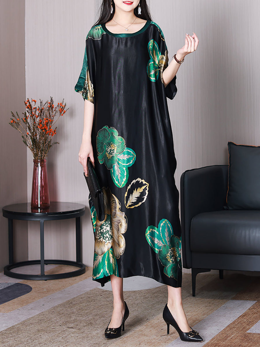 Women Summer Elegant Flower Silk Loose Dress