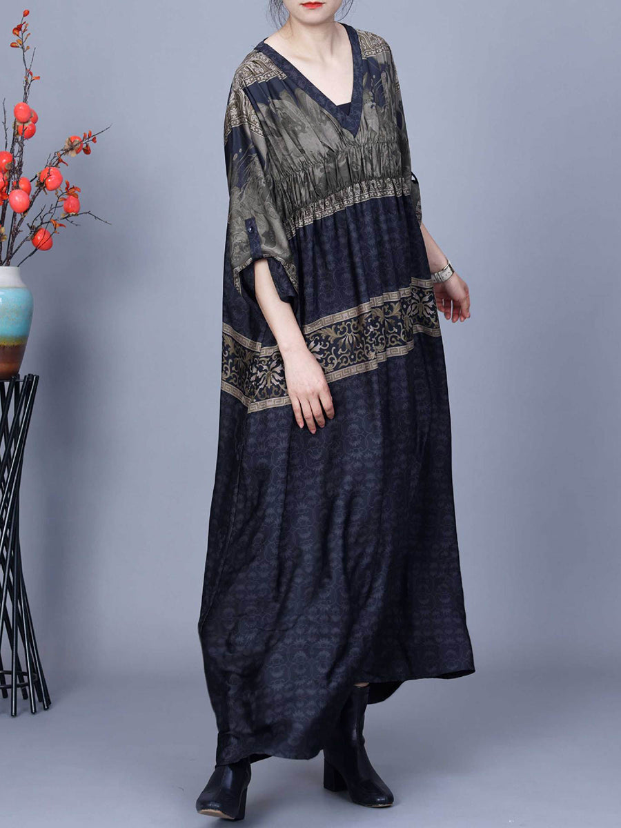 Women Summer Jacquard Spliced Shirred V-Neck Dress