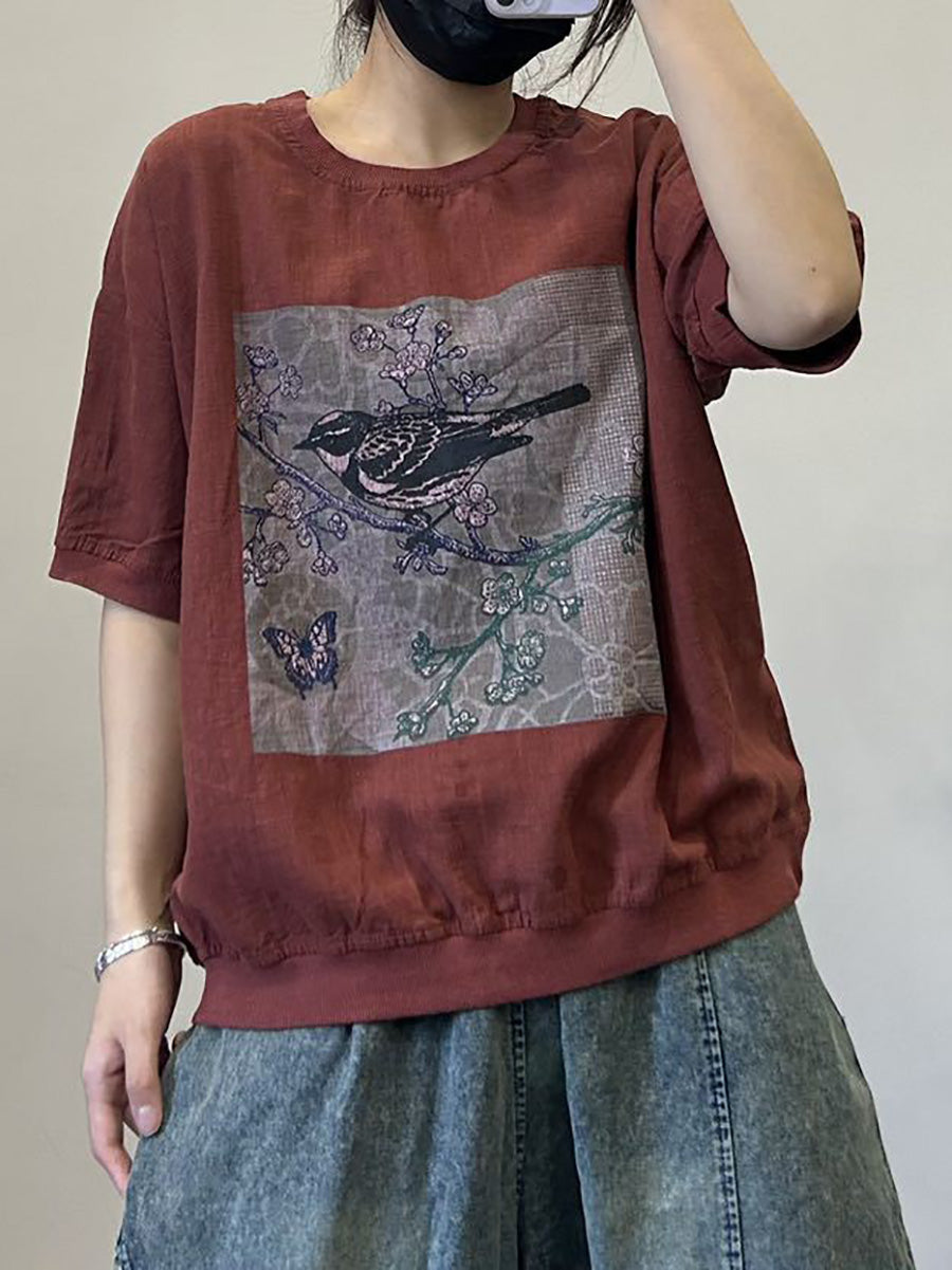 Women Casual Summer Bird Spliced Ramie Shirt