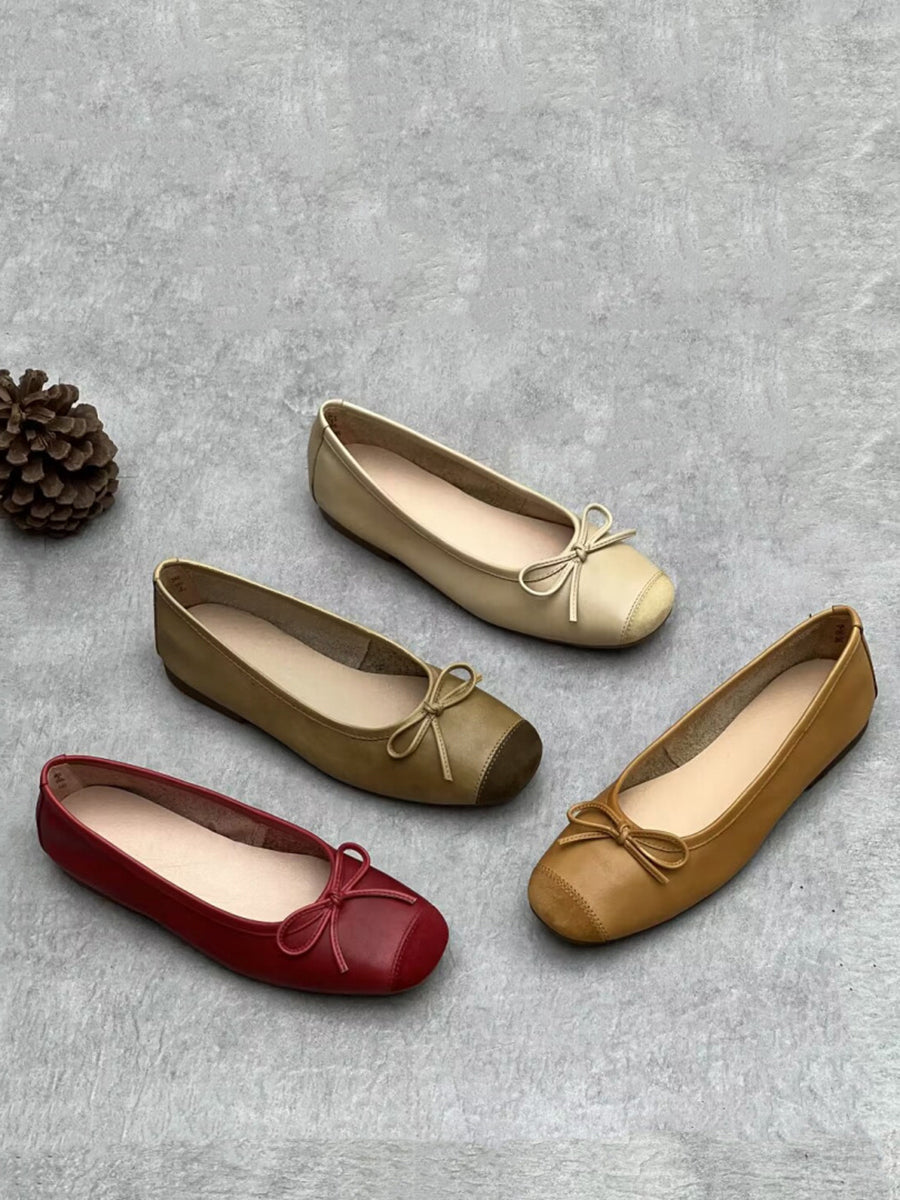 Women Summer Elegant Leather Solid Bowknot Flat Shoes