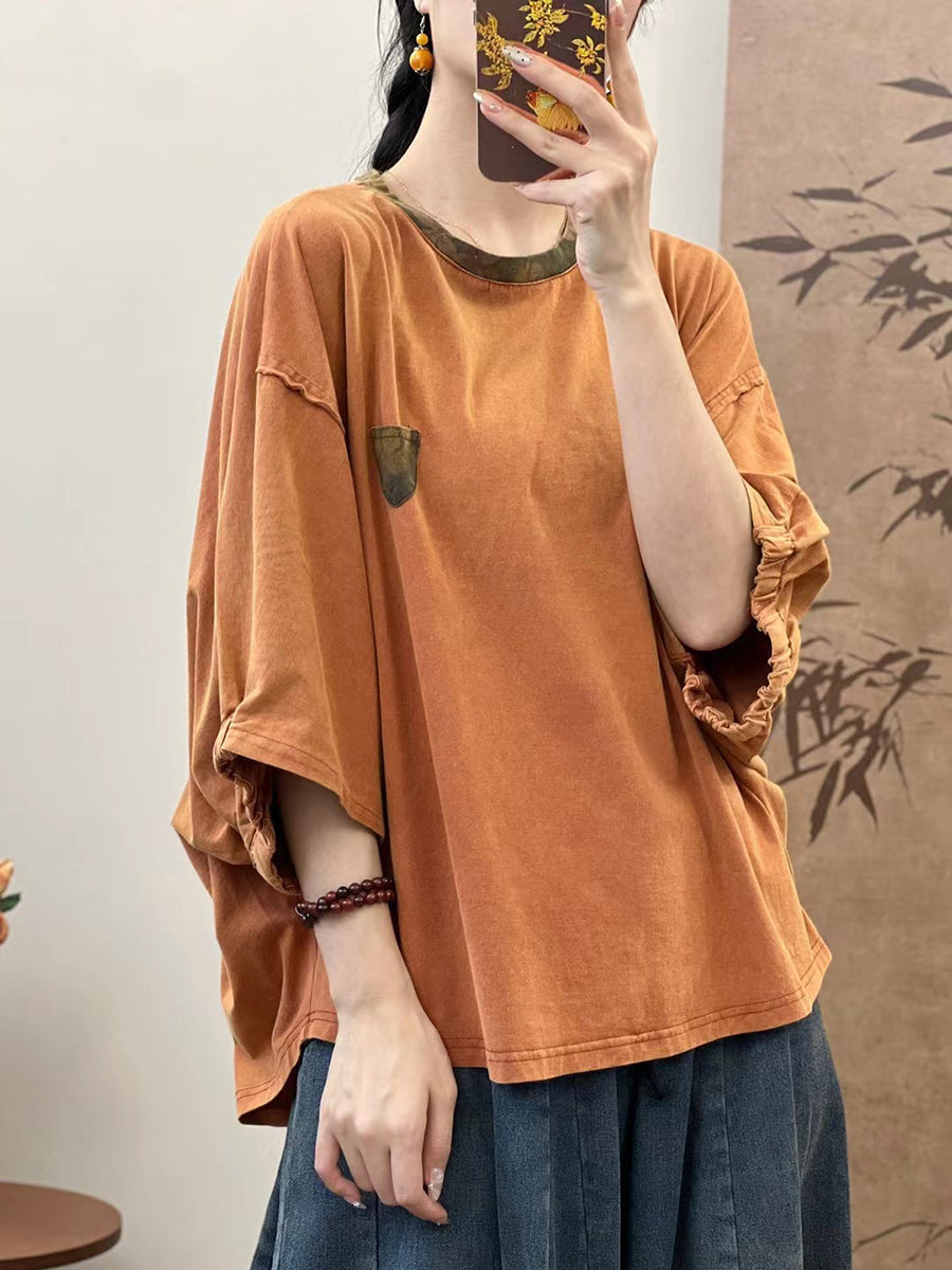 Women Summer Loose Spliced 100%Cotton Pullover Shirt