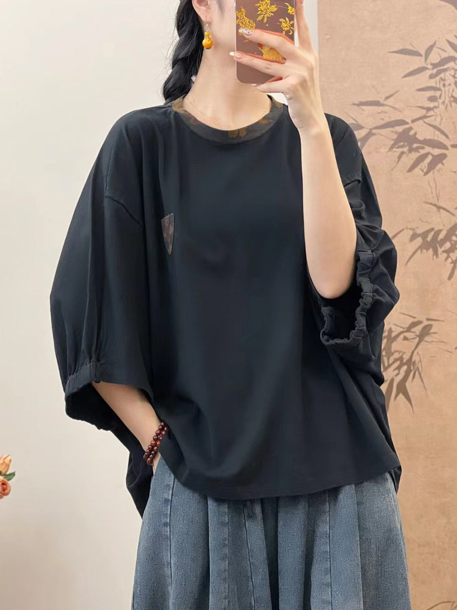 Women Summer Loose Spliced 100%Cotton Pullover Shirt