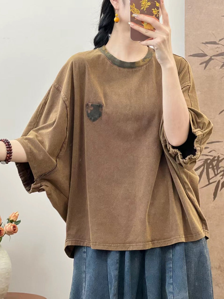 Women Summer Loose Spliced 100%Cotton Pullover Shirt