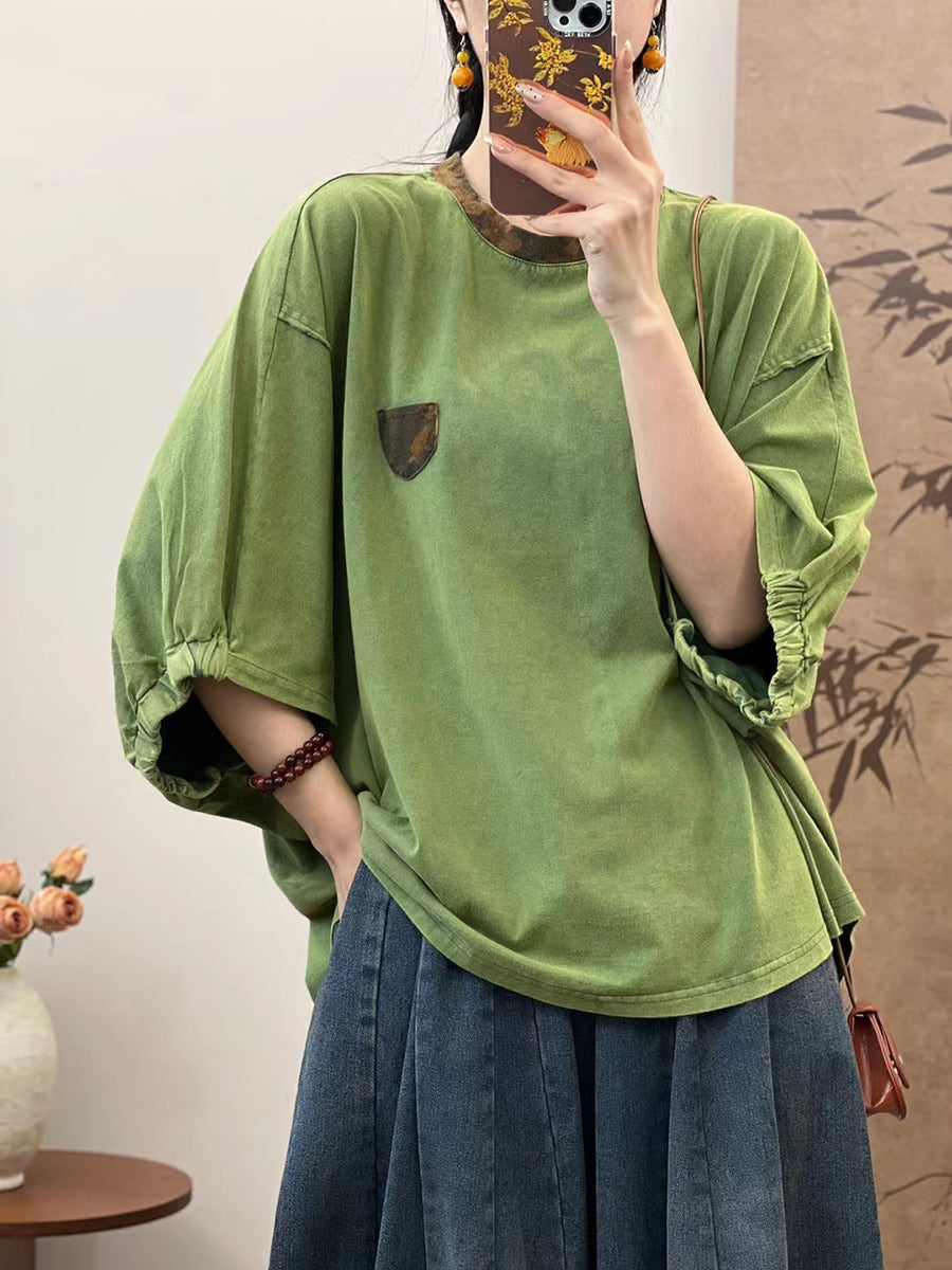 Women Summer Loose Spliced 100%Cotton Pullover Shirt