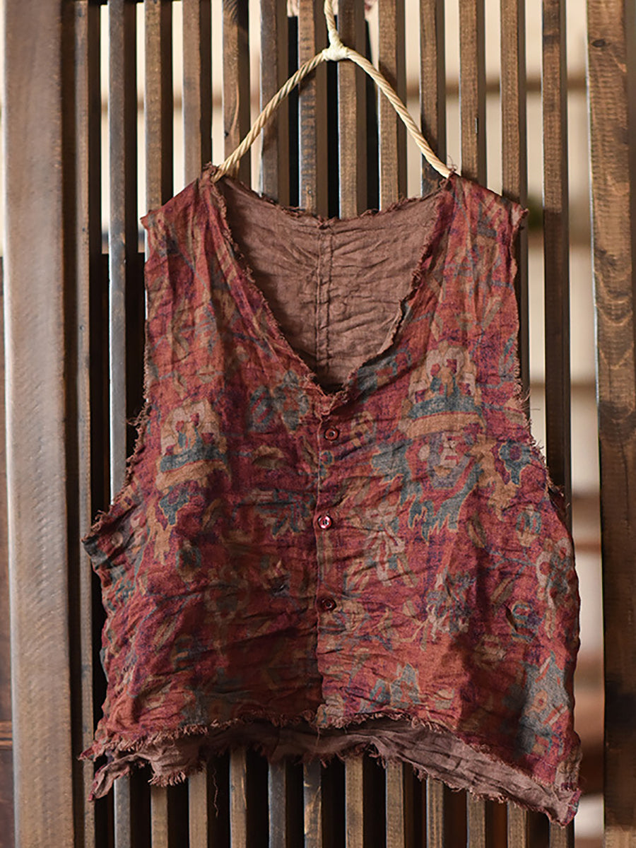 Women Vintage Floral Button-up Raw-edge Linen Vest