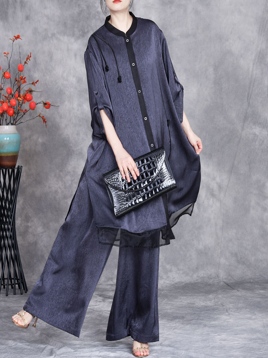 Women Summer Artsy Spliced Loose Button-up Shirt+Pants