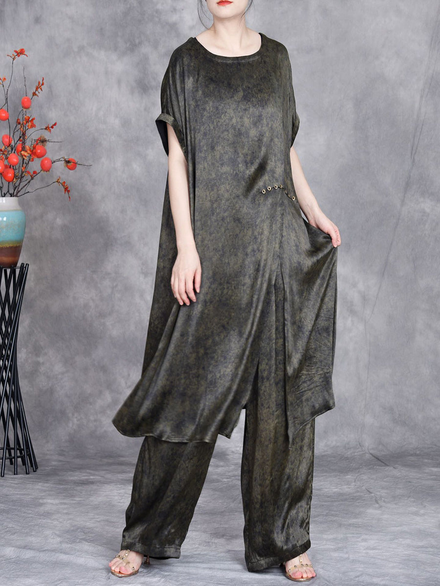 Women Summer Retro Tie-dye Split Hem Shirt +Wide leg Pants