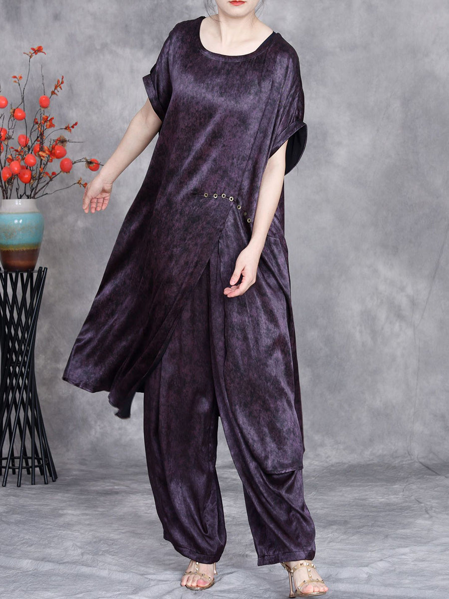 Women Summer Retro Tie-dye Split Hem Shirt +Wide leg Pants