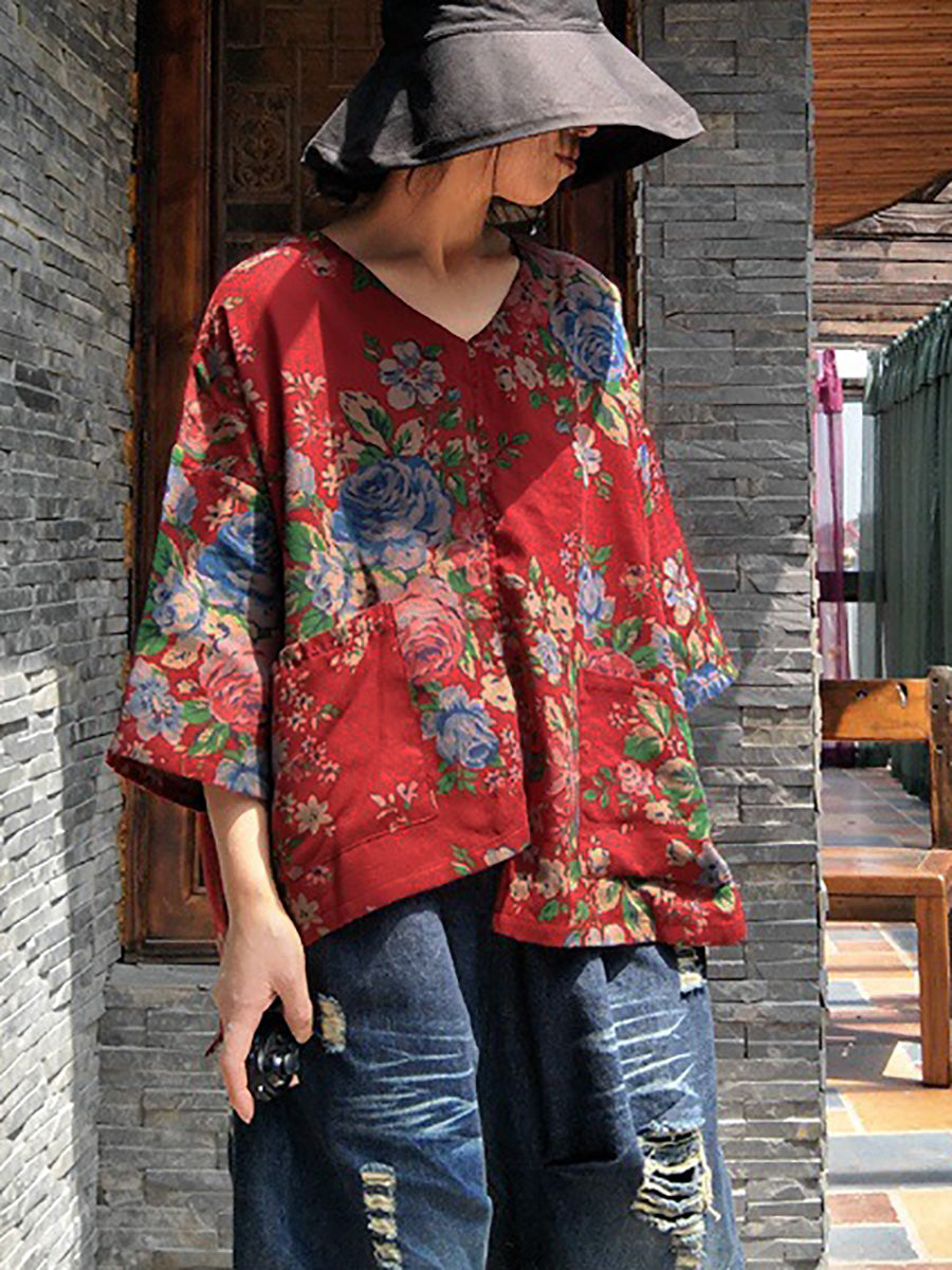 Women Vintage Flower V-Neck  Irregular Spliced Cotton Shirt