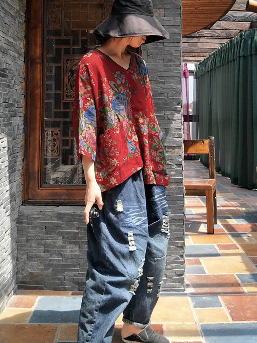 Women Vintage Flower V-Neck  Irregular Spliced Cotton Shirt