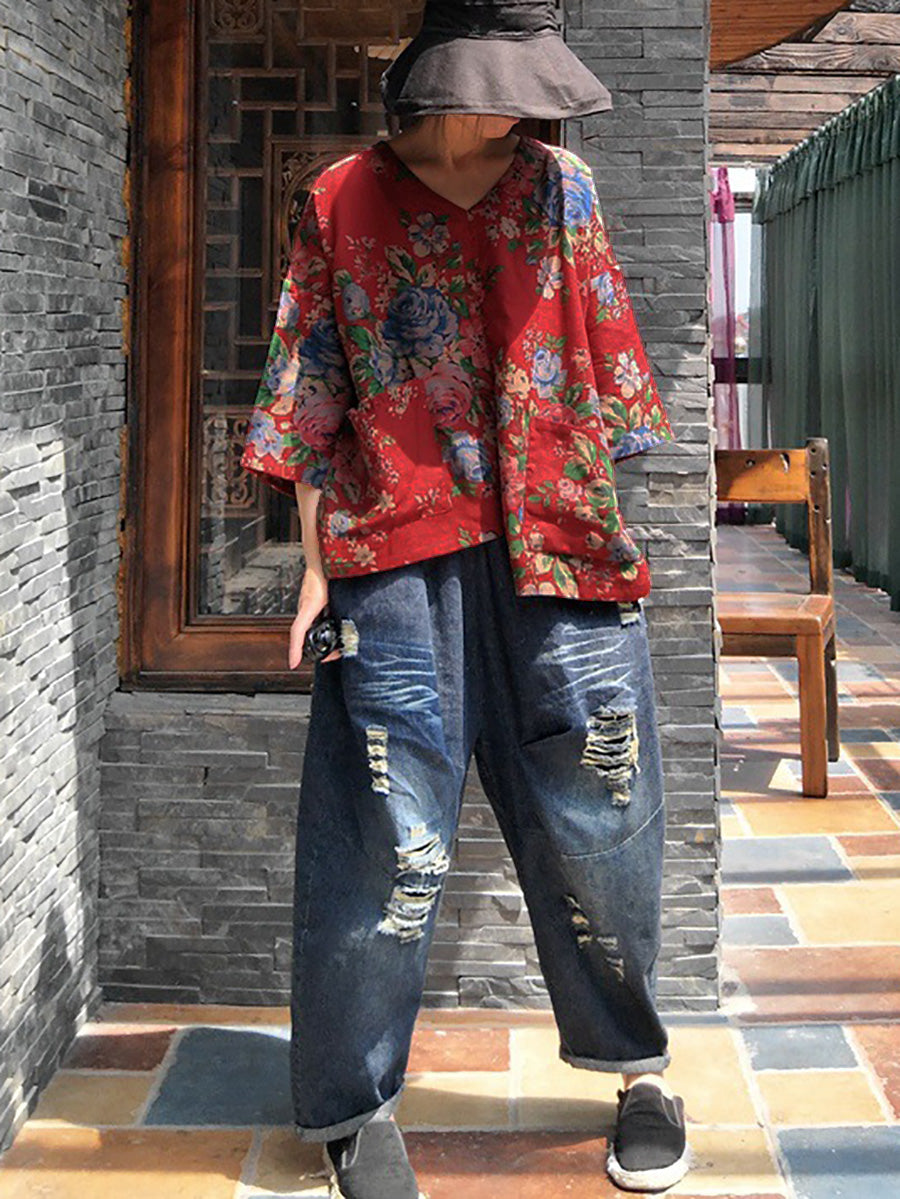 Women Vintage Flower V-Neck  Irregular Spliced Cotton Shirt