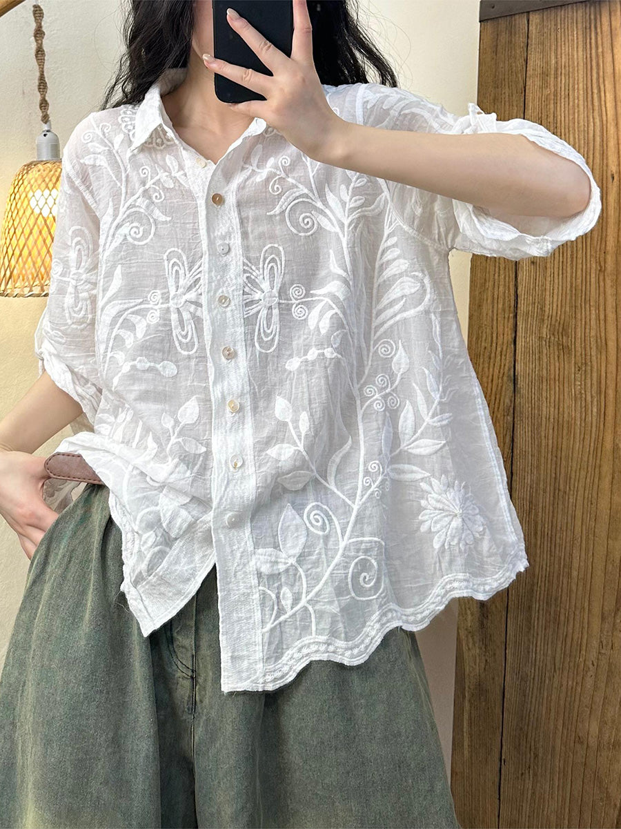 Women Artsy Flower Embroidery Turn-down Collar Shirt