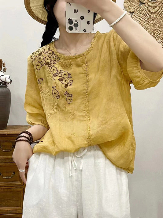 Women Summer Artsy Flower Embroidery Ramie Pullover Shirt