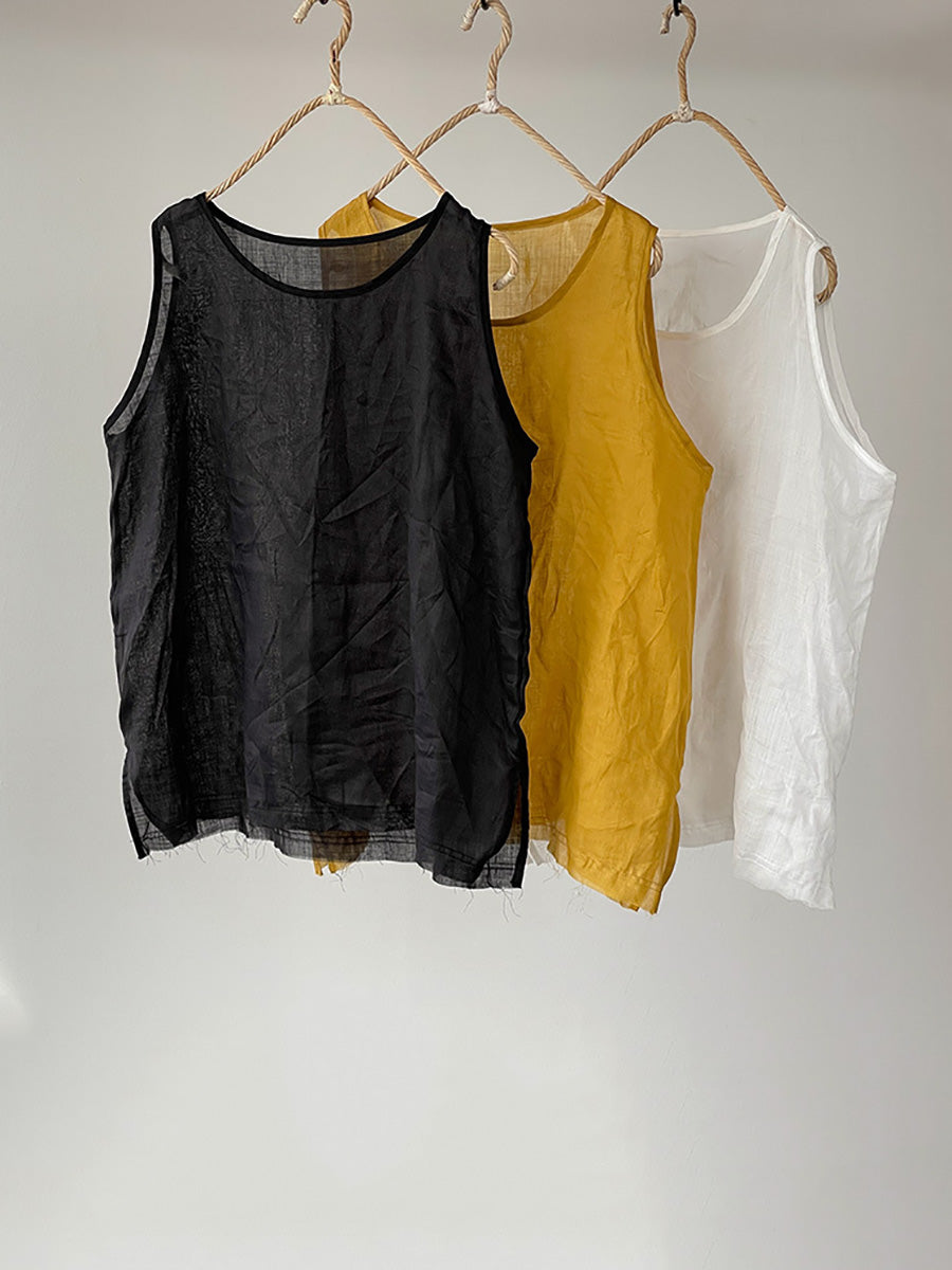 Women Summer Vintage Solid O-Neck Ramie Vest