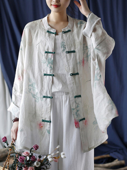 Women Summer Ethnic Flower Button-up Ramie Shirt Coat