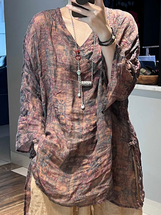 Women Vintage Flower V-Neck Loose Long Sleeve Ramie Shirt