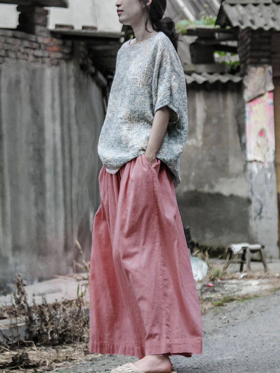 Women Summer Retro Pink Wide-leg Cotton Linen Pants